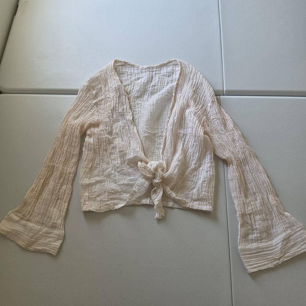MONDAY Blouse Womens P White Linen Tie Front Bell Sleeve Cropped Boho Top